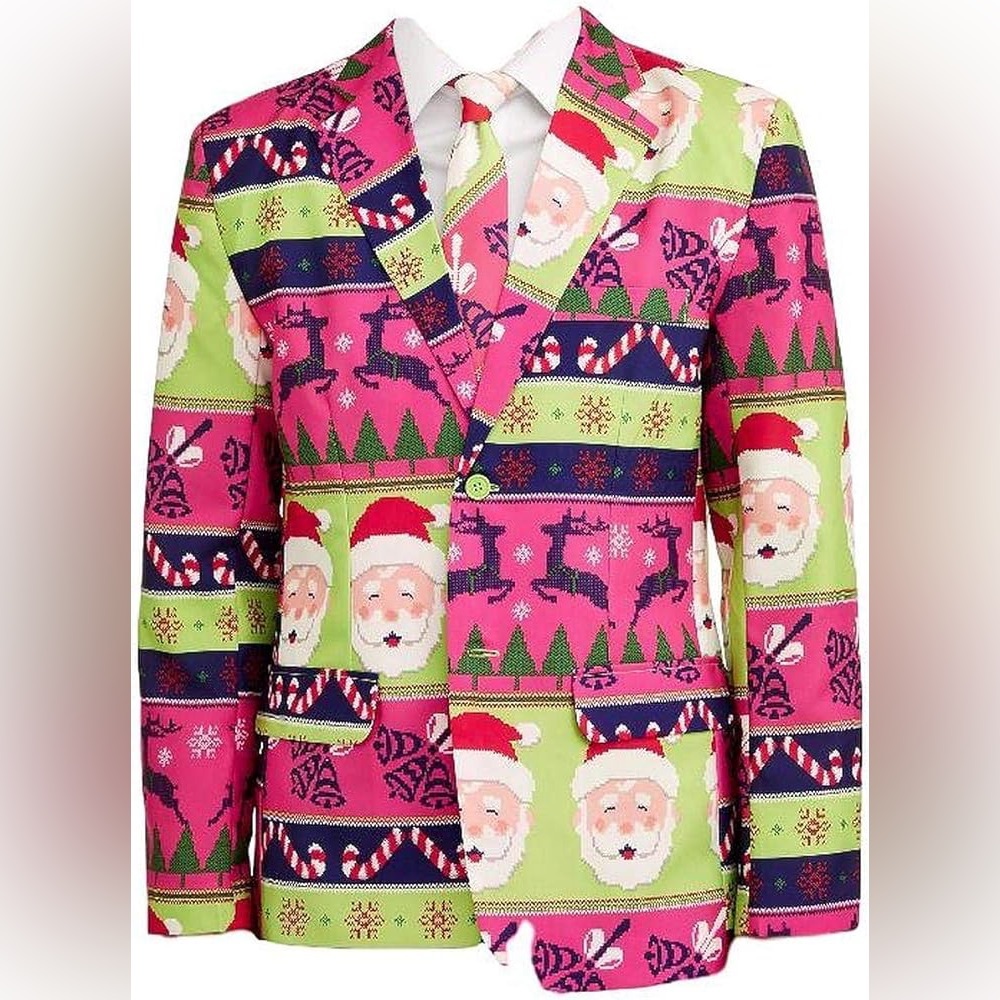Holiday Time Mens Blazer with matching tie in Santa and Reindeer Print 34-36 NWT